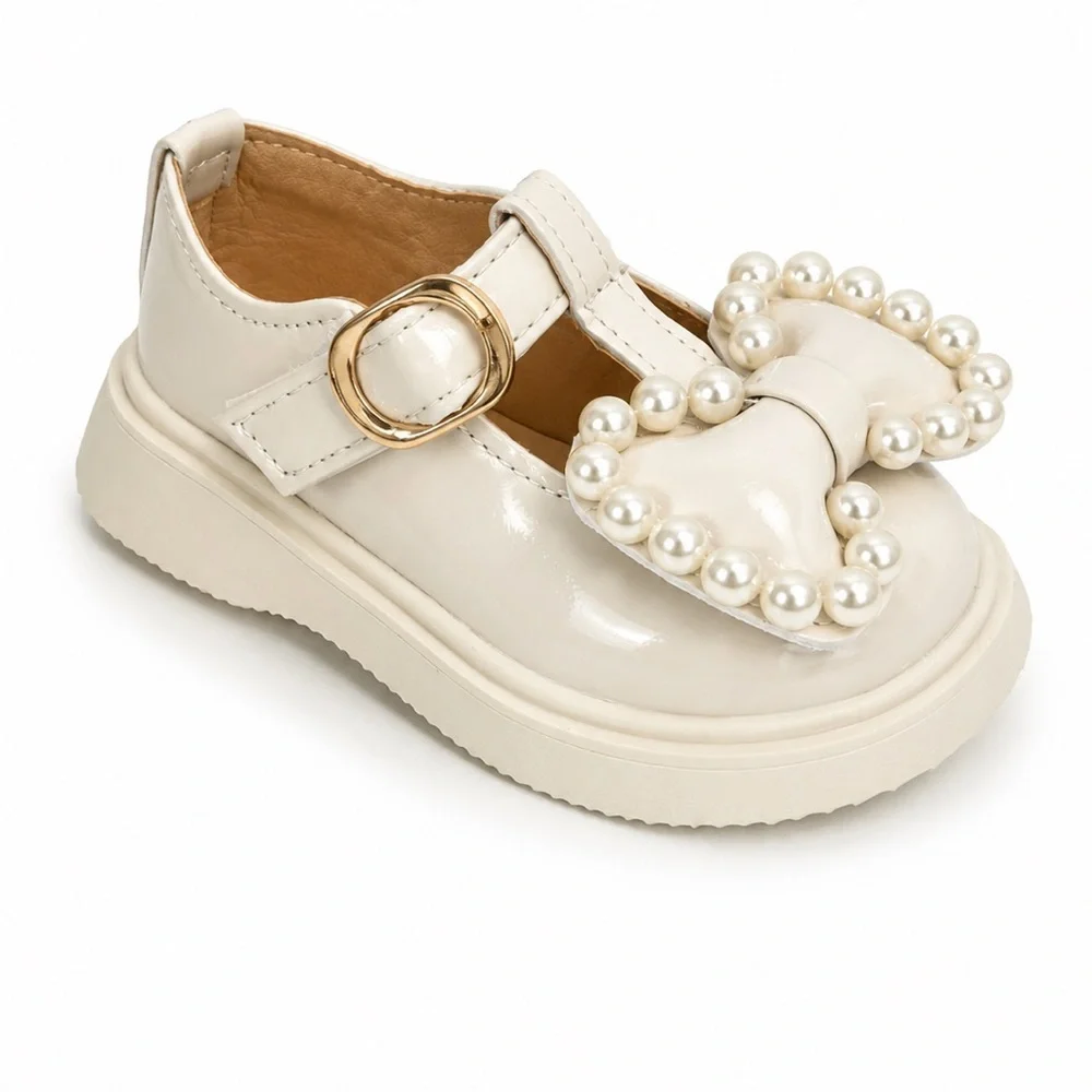 Girls Cream Pearl Bow Mary Jane Kids Shoes